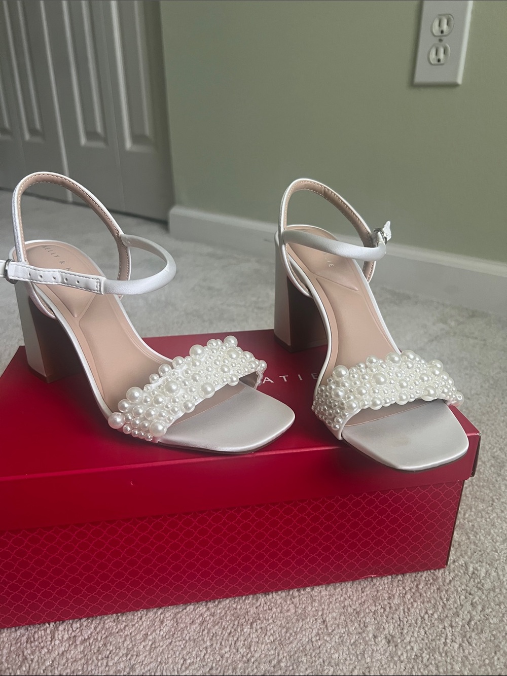 Kelly & Katie Pearl-Embellished White Block Heel Sandals